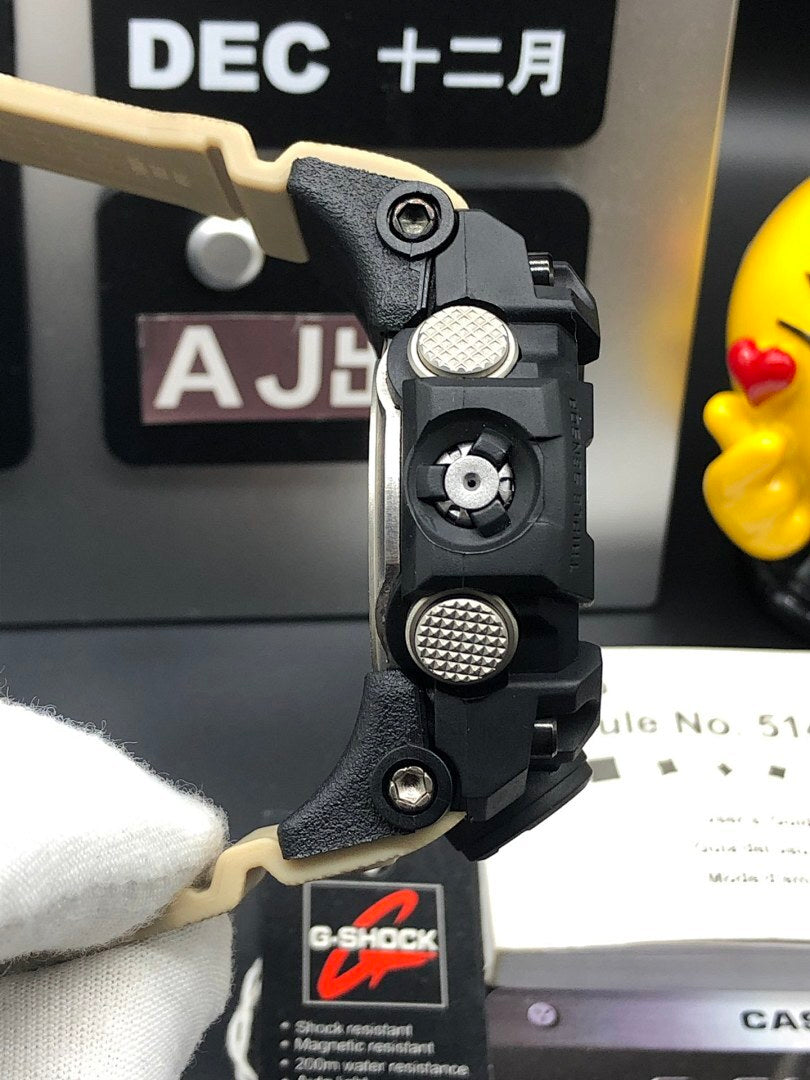 Casio G-Shock watch side profile with textured pushers and black casing