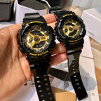 Casio G-Shock and Baby-G watches on palm, black straps with gold circular dials.