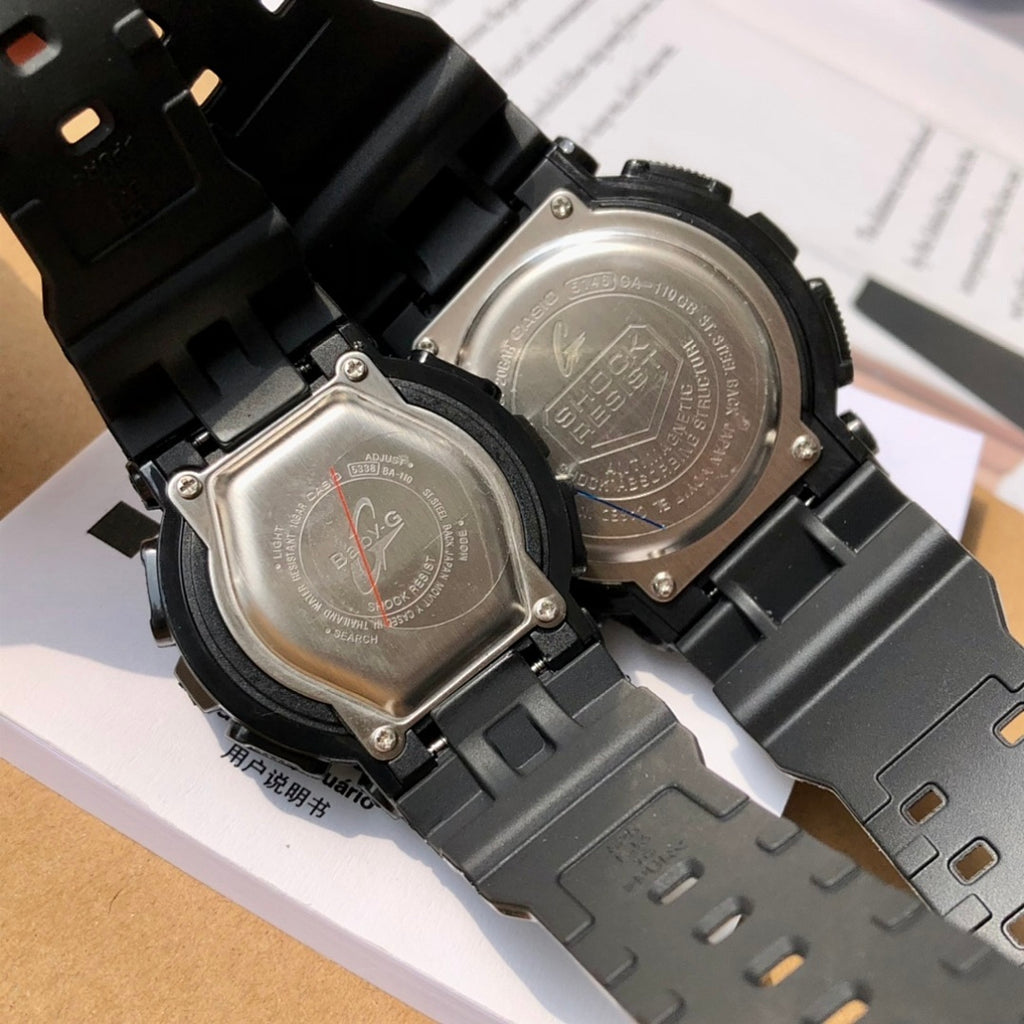 Casio watch casebacks with metal backs and black strap links, screws visible.