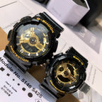 Casio G-Shock and Baby-G watches, black straps with gold dials and brand text.