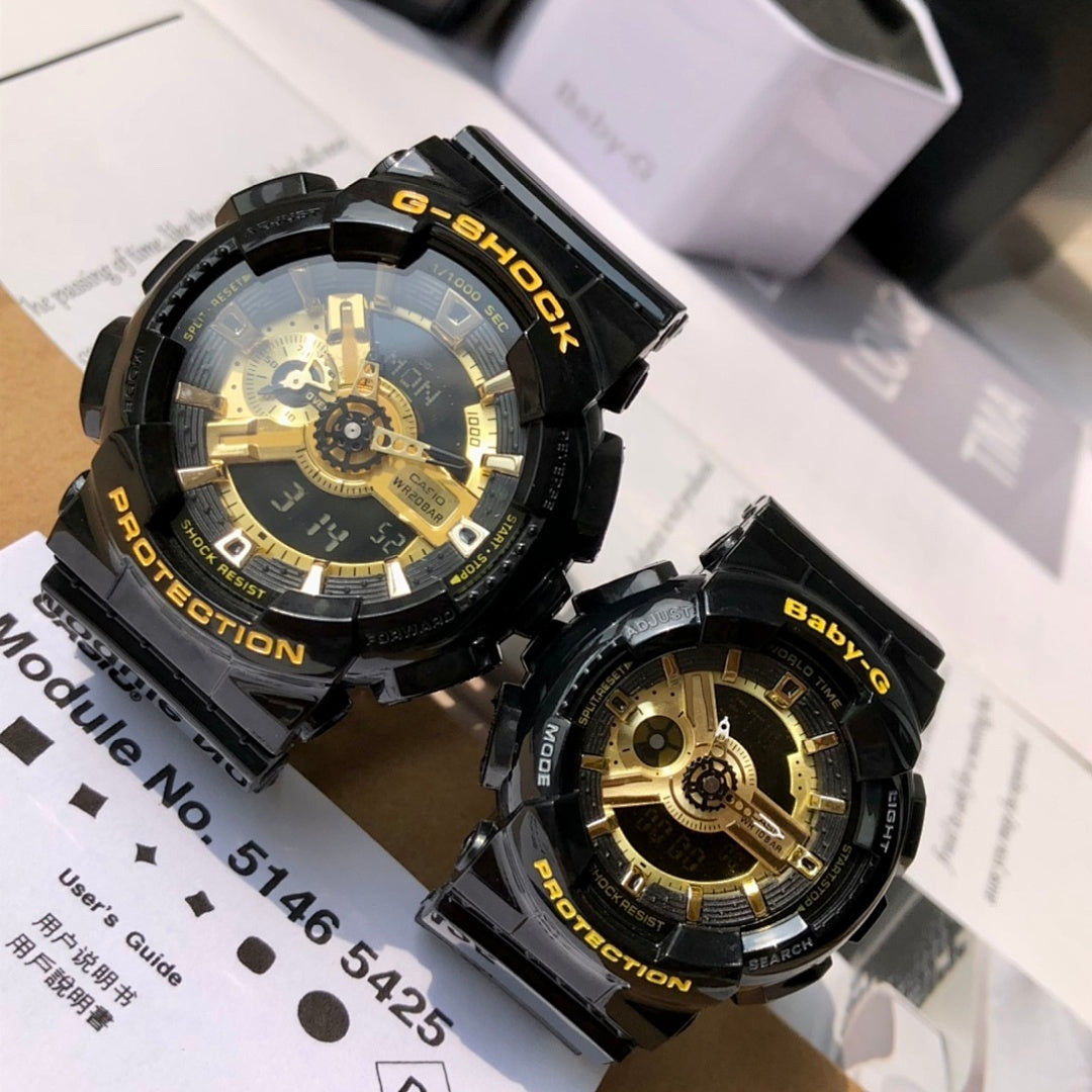 Casio G-Shock and Baby-G watches, black straps with gold dials and brand text.