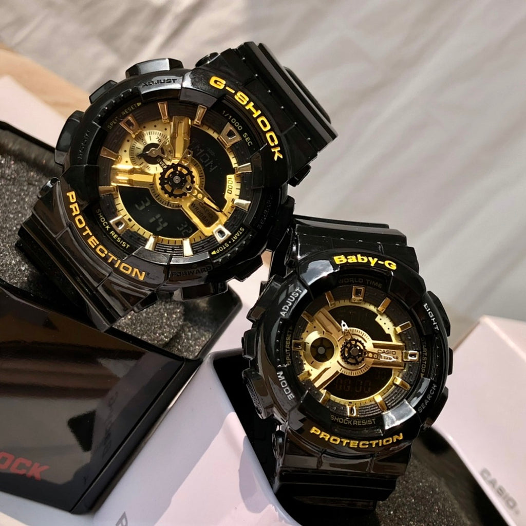 Casio G-Shock and Baby-G wrist watches with black straps and gold dial detail.