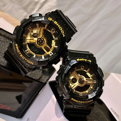 Casio G-Shock and Baby-G wrist watches with black straps and gold dial detail.