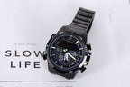 Casio Edifice watch angled with dark blue dial and black metal strap