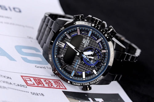 Casio Edifice watch with black link bracelet and blue-accented chronograph dial