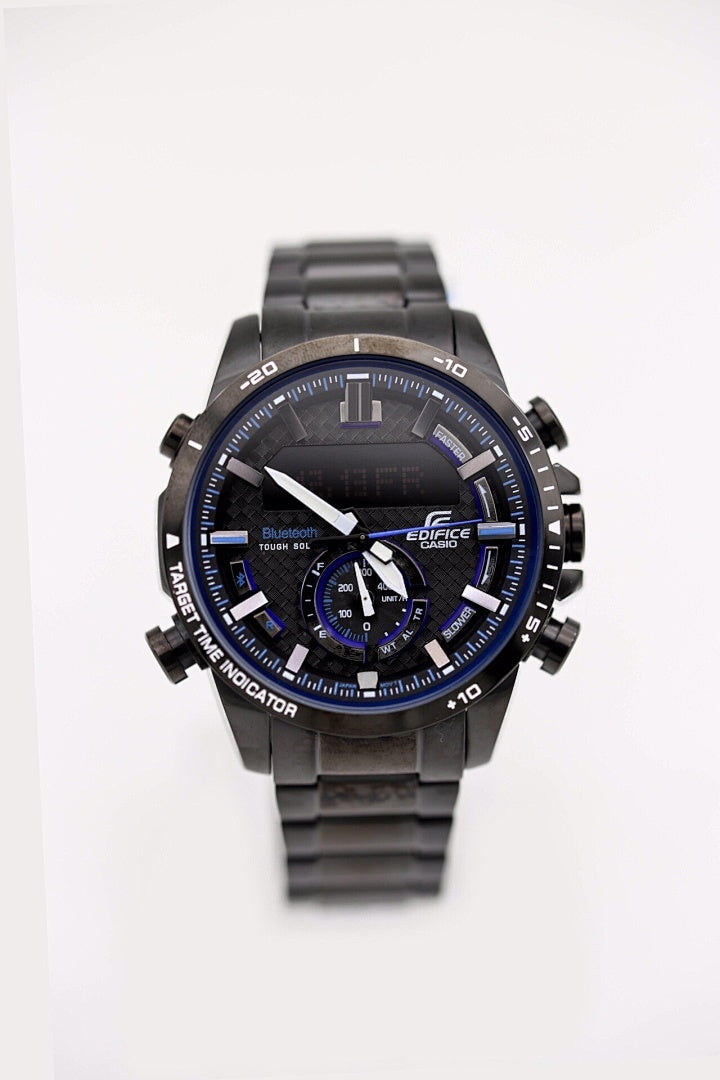 Casio Edifice watch with dark dial and black metal bracelet