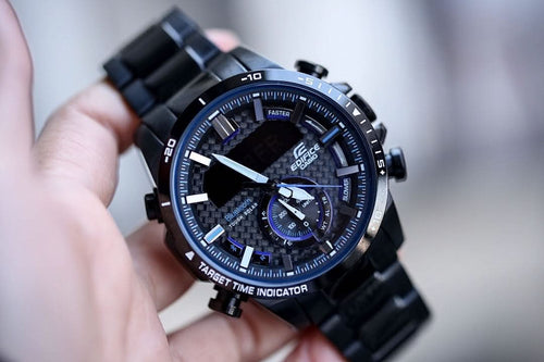 Casio Edifice watch with black metal link bracelet and blue dial