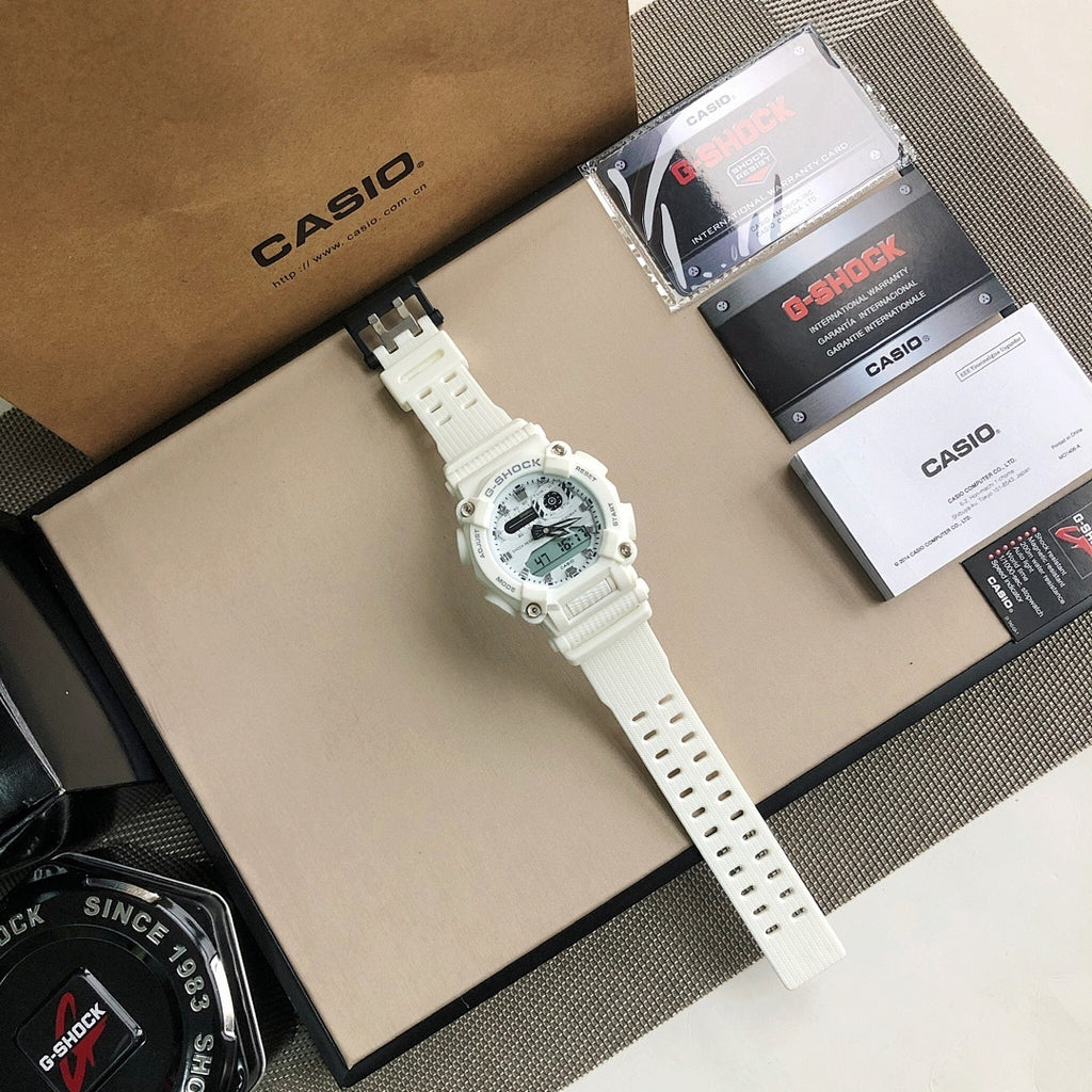 Casio G-Shock watch with white resin band laid flat in a gift set