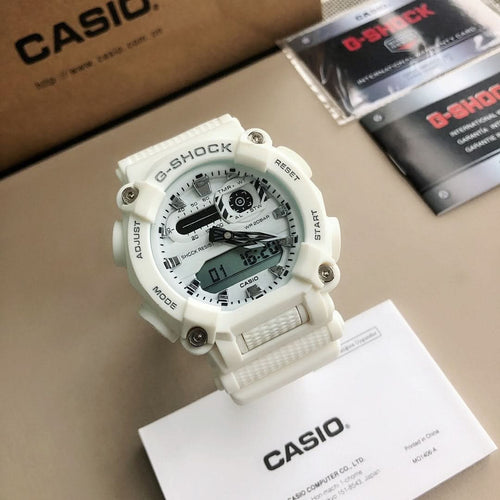 Casio G-Shock watch with white resin band and round white dial, multiple subdials