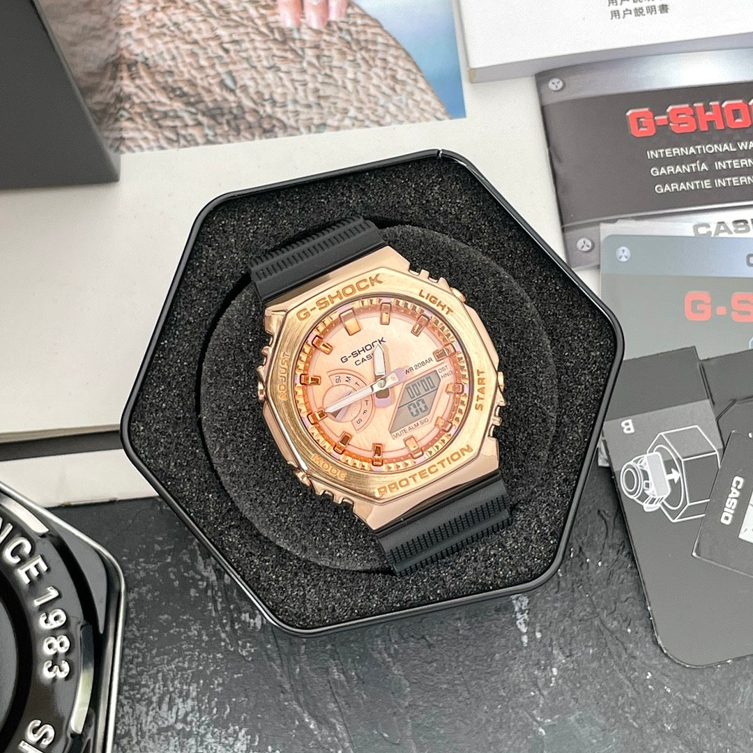 Casio G-Shock watch in retail box, rose-gold face and black resin strap
