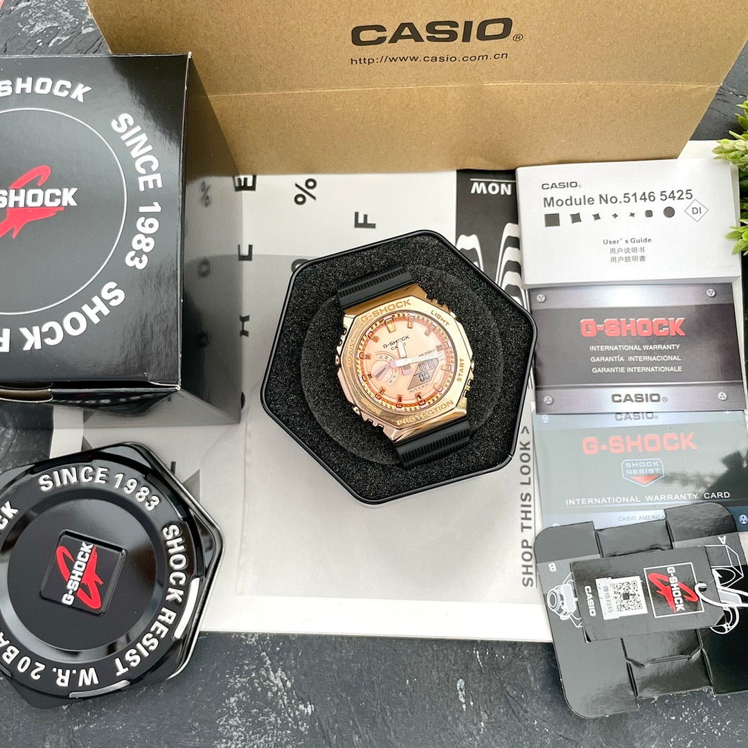Casio G-Shock watch on foam insert, rose-gold face and black resin strap