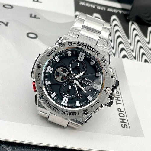 Casio G-Shock wristwatch, stainless steel with black dial and chronograph subdials