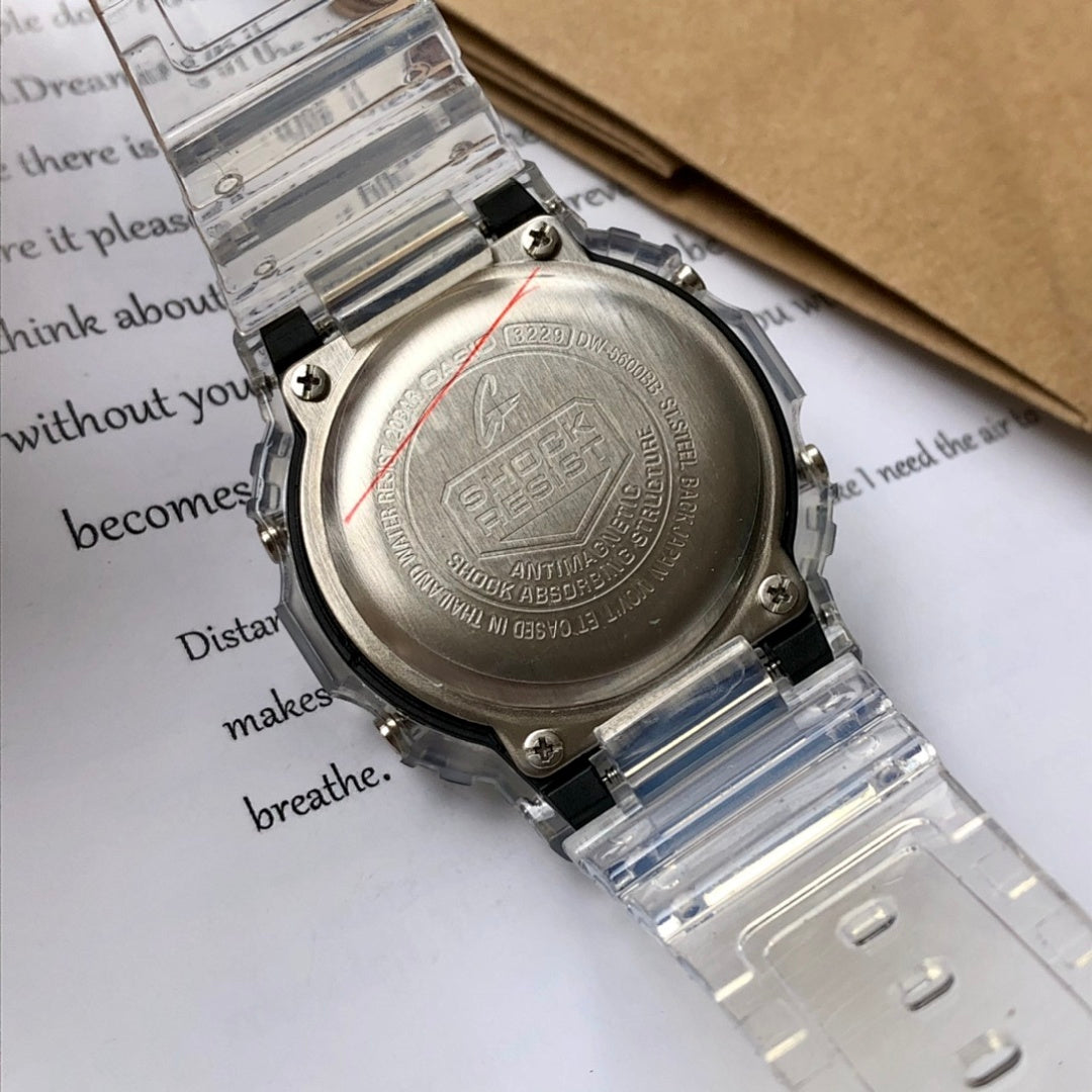 Casio watch back case on clear resin strap with screw details and markings