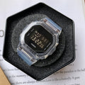 Casio watch with clear resin strap and black digital face in protective case
