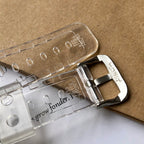 Casio watch clasp and clear resin strap details, silver buckle and black module