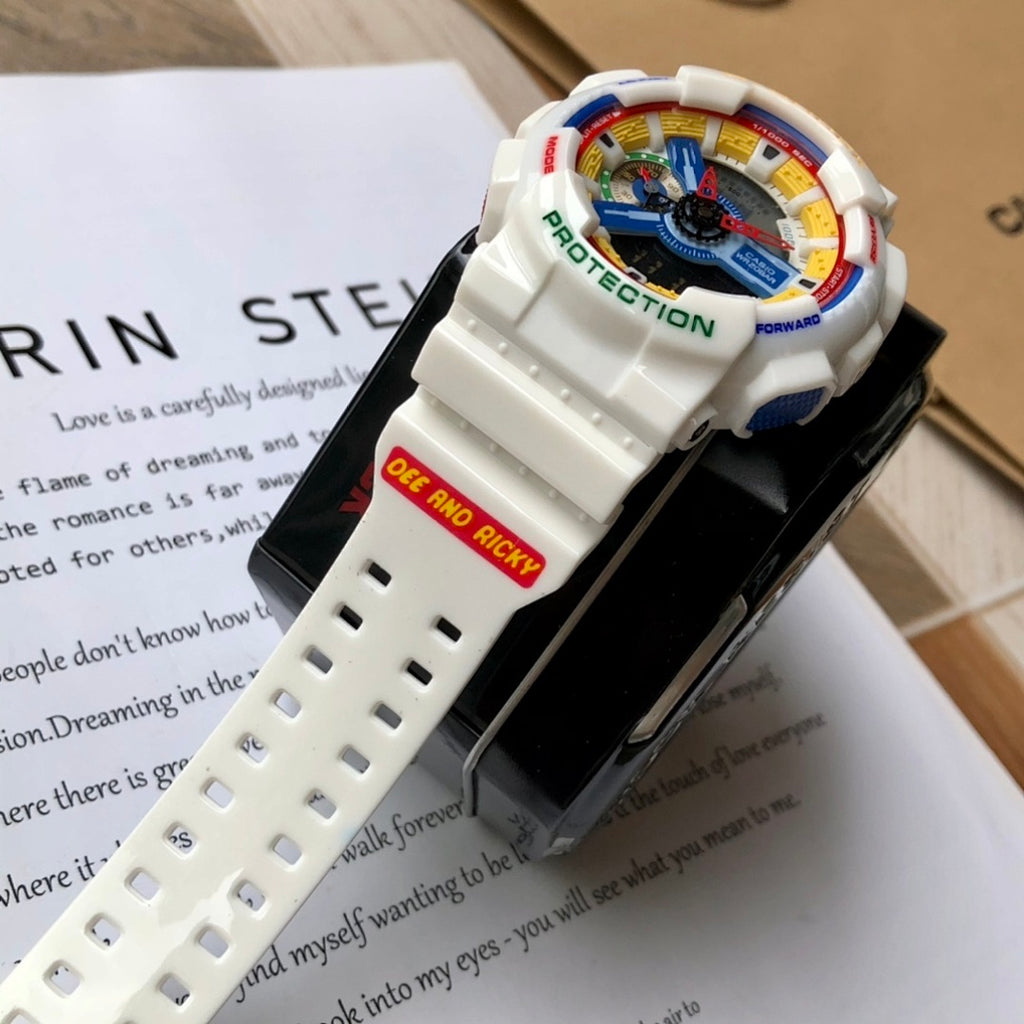 Casio G-Shock watch with white resin strap, multicolor dial and Protection label