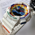 Casio G-Shock watch close-up, multicolor dial on white resin strap