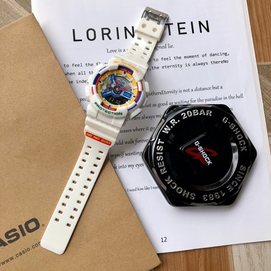 Casio G-Shock digital watch with white resin strap and multicolor dial