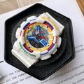 Casio G-Shock digital watch with white resin strap and multicolor bezel
