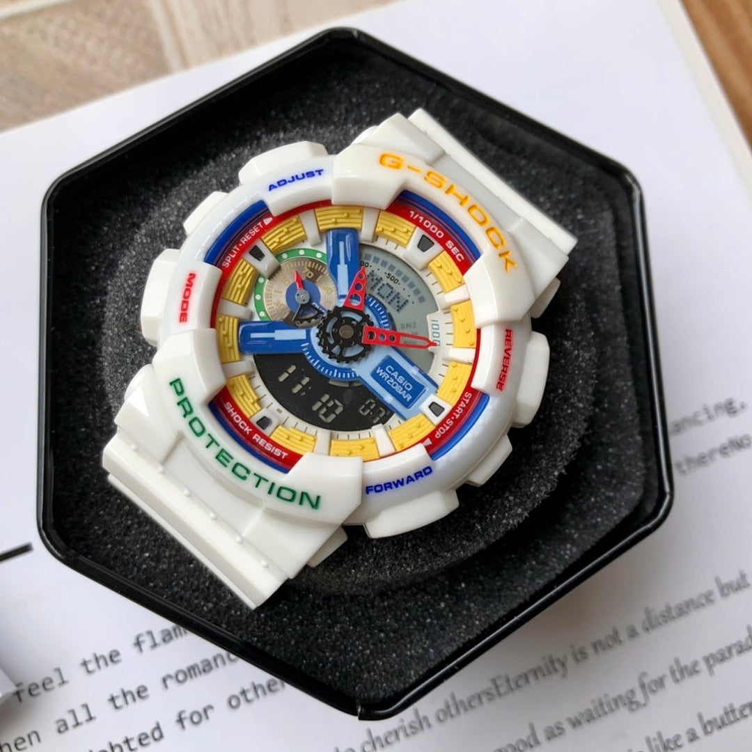Casio G-Shock digital watch with white resin strap and multicolor bezel