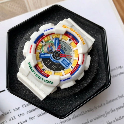 Casio G-Shock digital watch with white resin strap and multicolor bezel