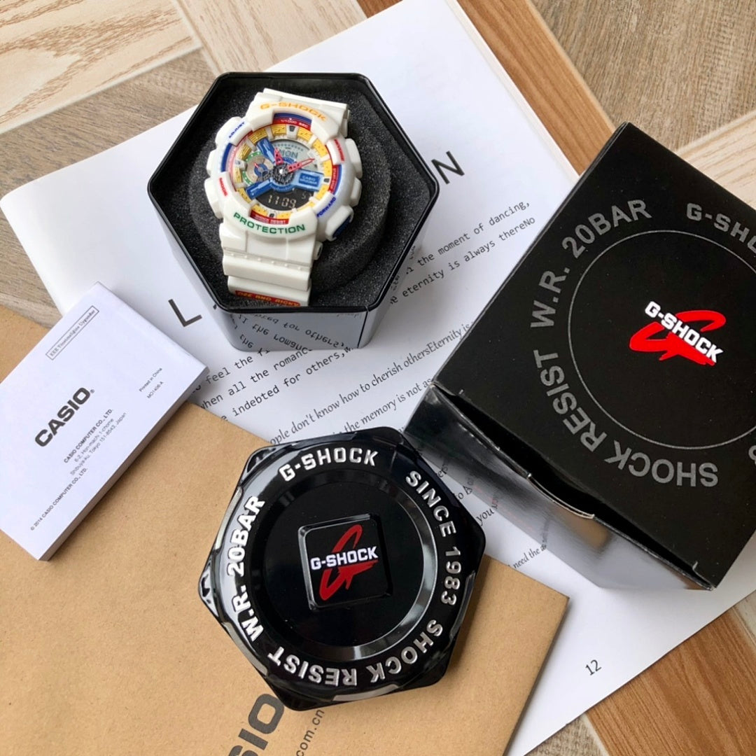 Casio G-Shock digital watch on white resin strap, multicolor dial