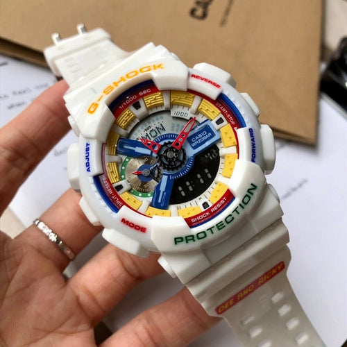 Casio G-Shock digital watch, white strap, multicolor dial with blue accents