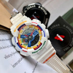 Casio G-Shock digital watch with white strap and multicolor face