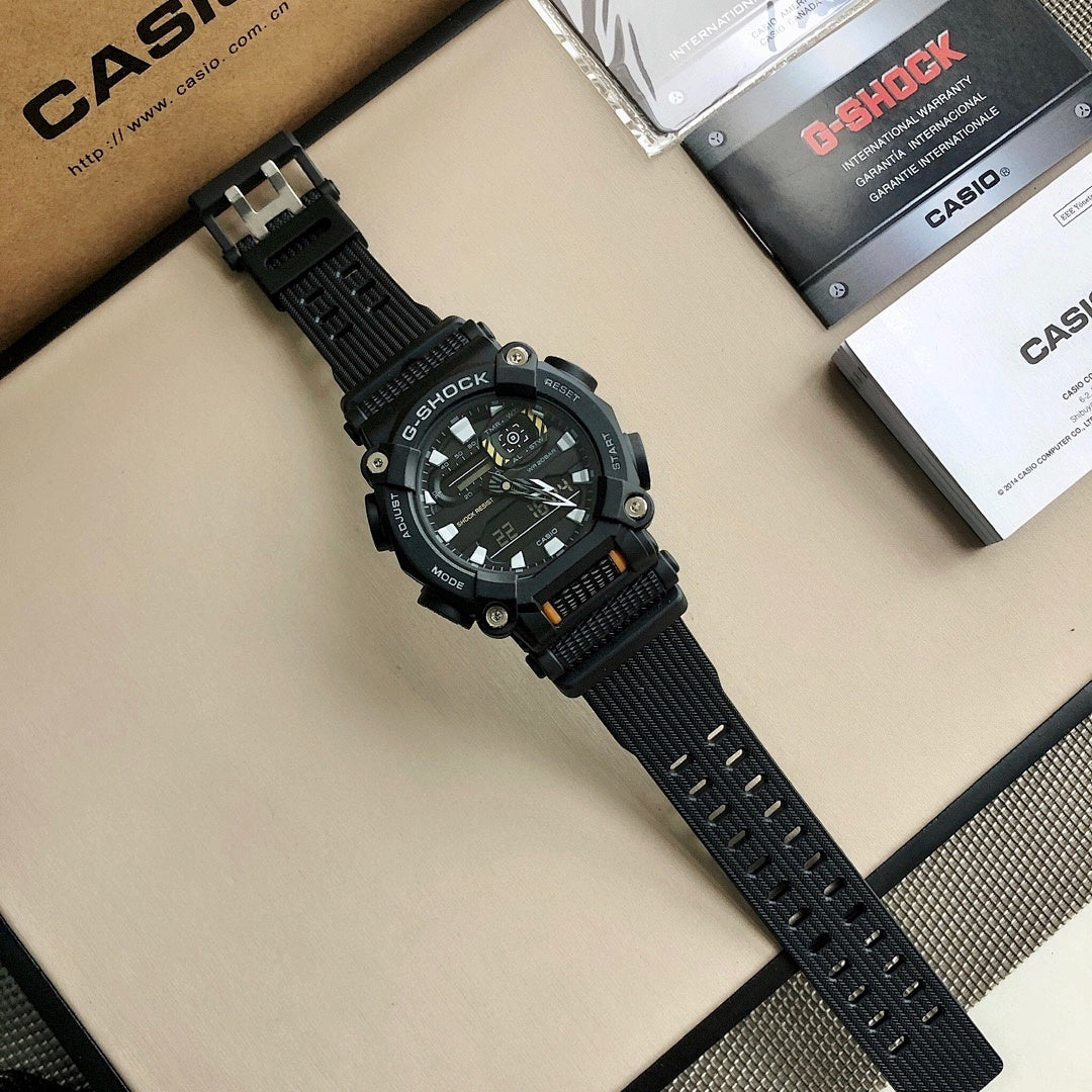 G-Shock wristwatch with black face and wide black resin strap