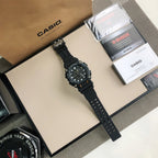 G-Shock digital watch with black face and black resin strap with molded segments