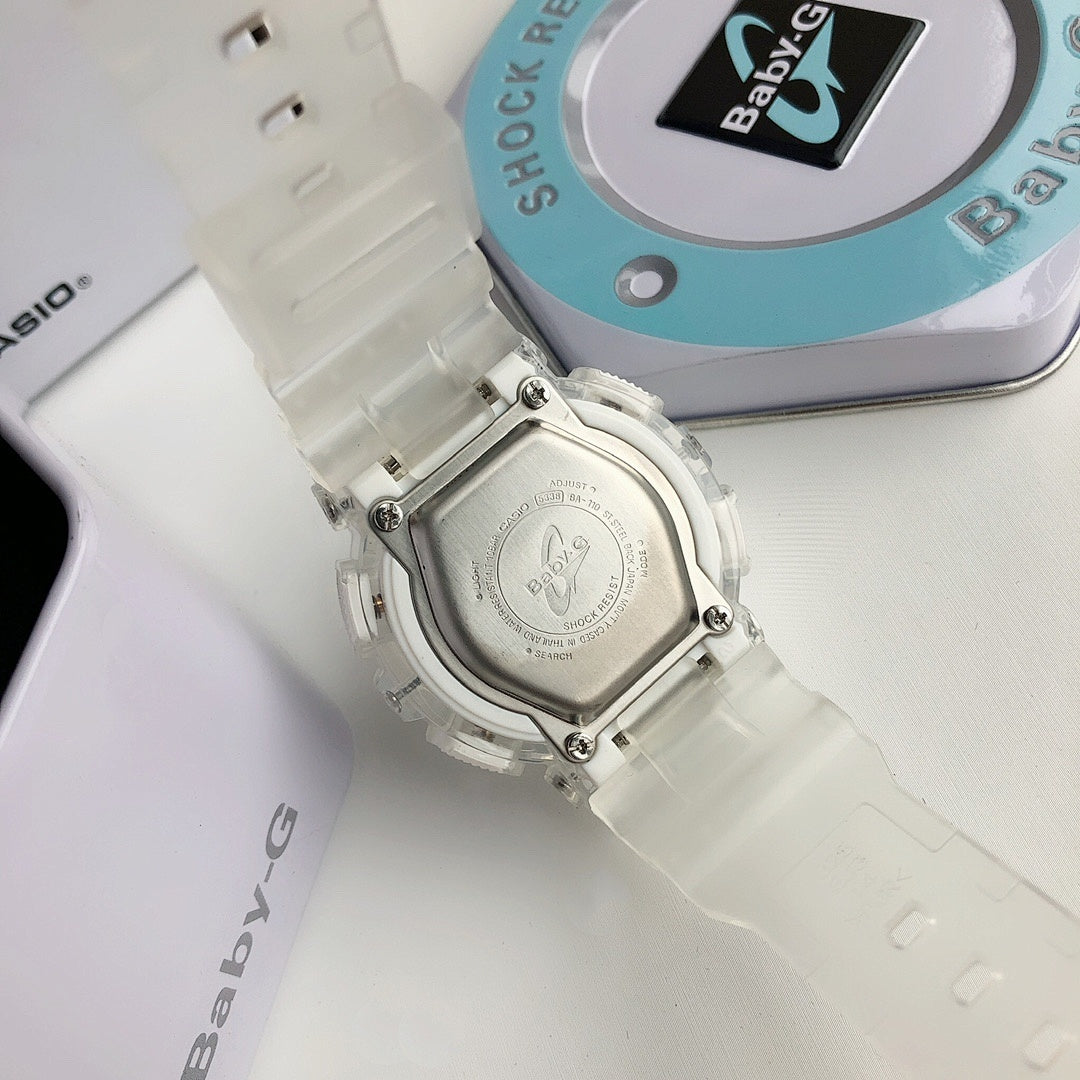 White resin Baby-G watch case with protective back plate, close-up