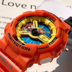Close-up orange G-Shock wristwatch with blue dial and yellow outer ring