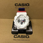 Casio G-Shock watch with blue-and-red resin strap and white multi-dial face
