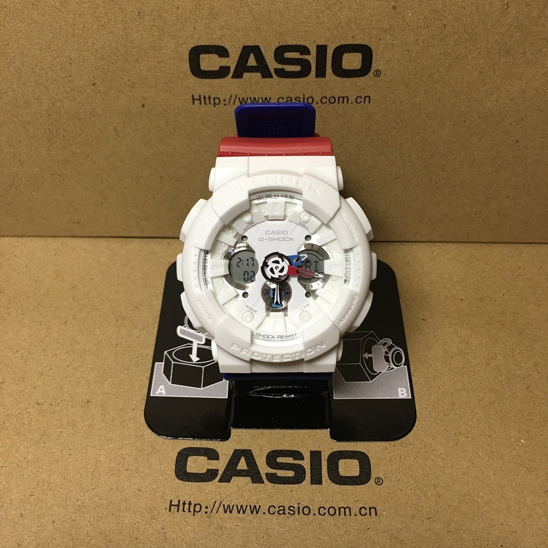 Casio G-Shock watch with blue-and-red resin strap and white multi-dial face