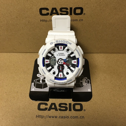 Casio G-Shock watch with white resin strap and multi-dial black-and-blue face