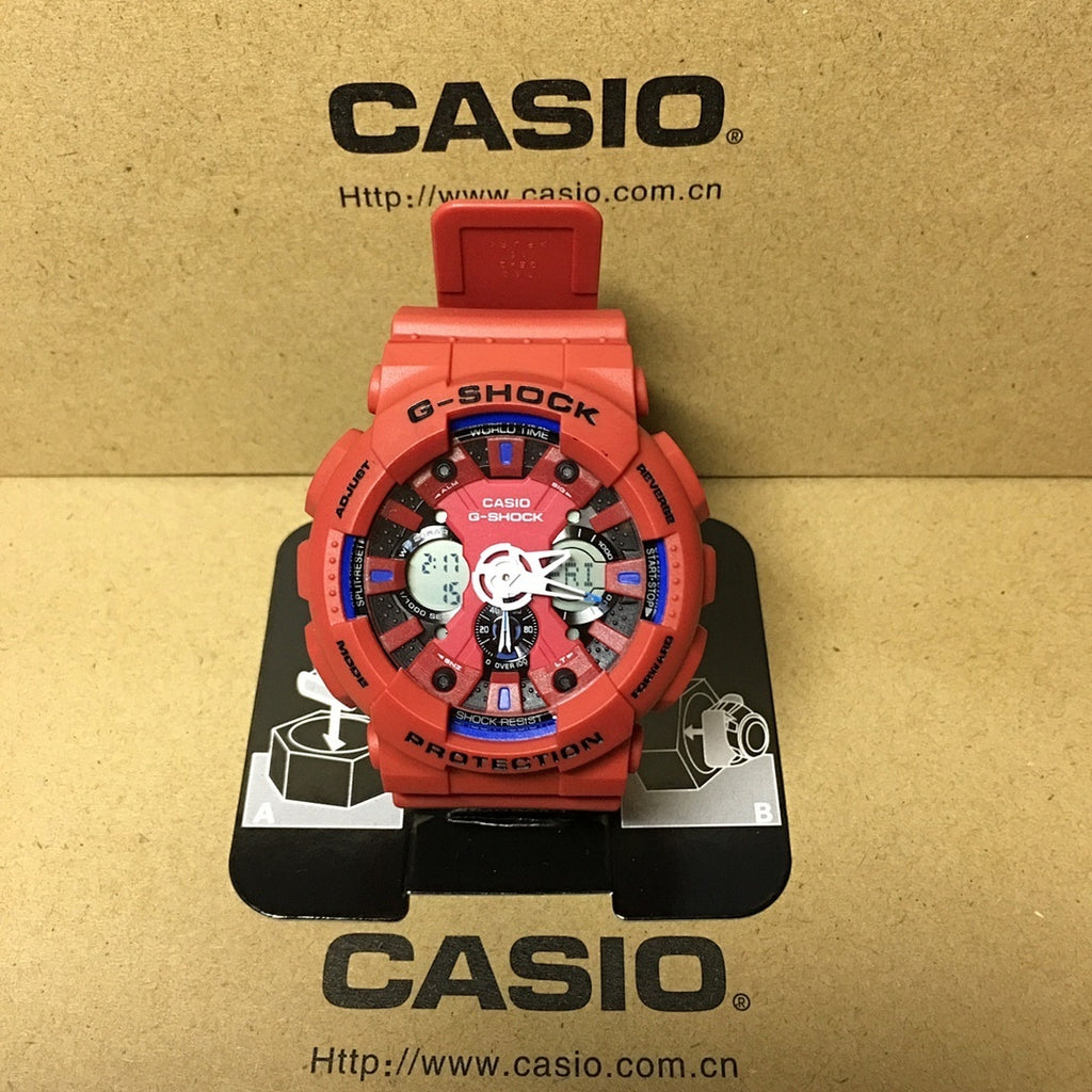 Casio G-Shock watch with red resin strap and multi-dial face