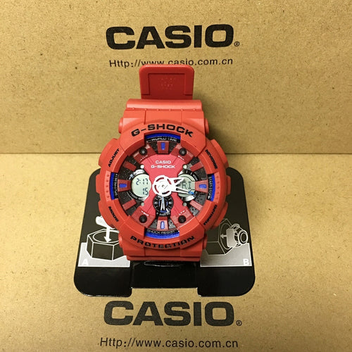 Casio G-Shock watch with red resin strap and multi-dial face