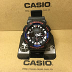 Casio G-Shock watch with black resin strap and black multi-dial face with blue accents