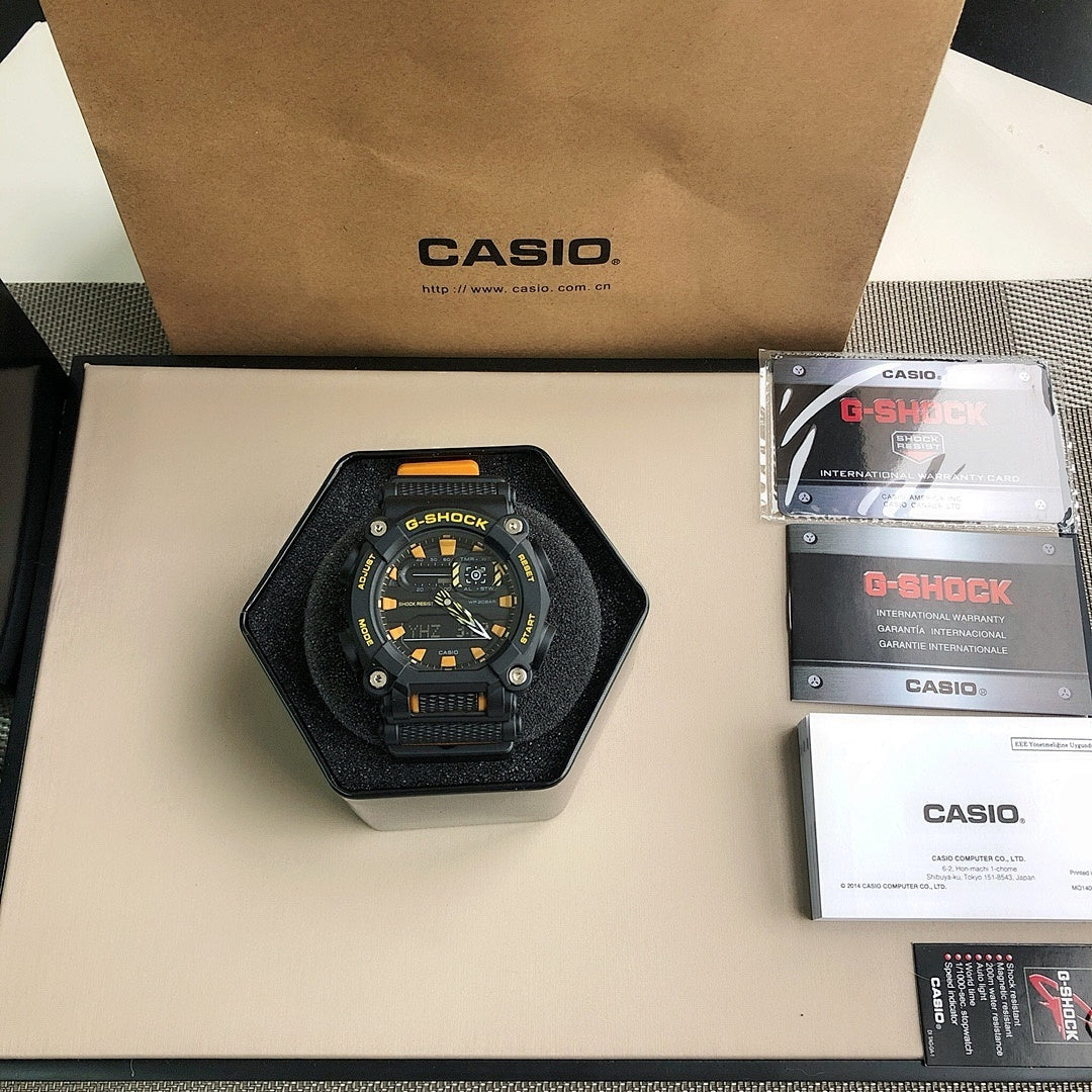 G-Shock wristwatch with black face and textured rubber strap with colored dial details