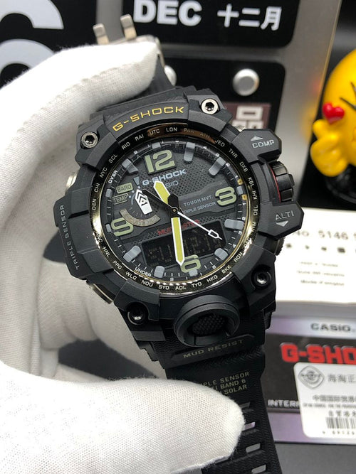 Casio G-Shock watch with black multi-function dial and rugged black strap