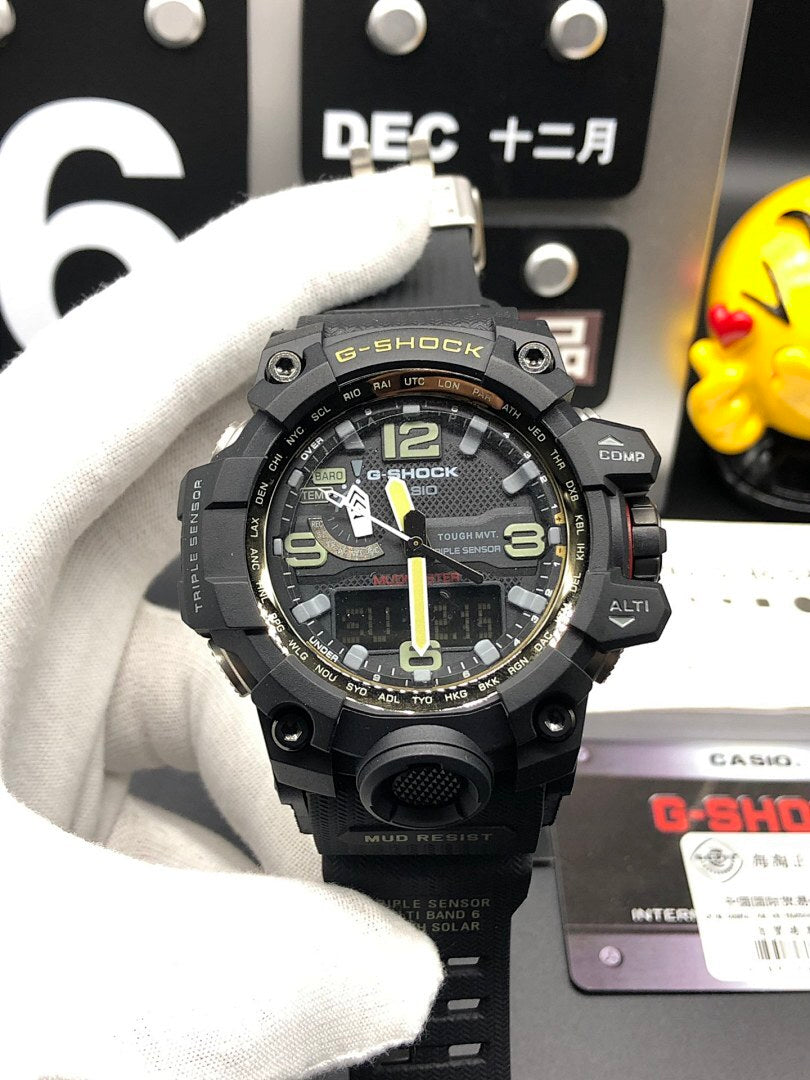 Casio G-Shock watch front view with black dial and two-tone hands