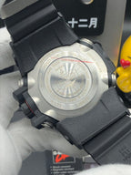 Casio G-Shock watch back case with engraved metal cover on black strap