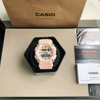 Casio G-Shock digital watch in light pink resin with multi-dial face, front view