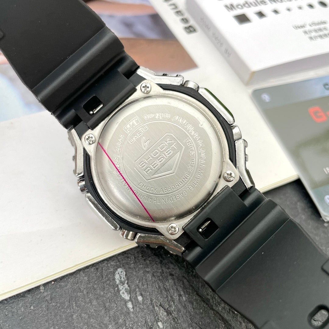 Casio G-Shock watch back with engraved silver case and black resin strap