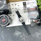 Casio G-Shock watch with black resin strap and light dial, shown laid flat