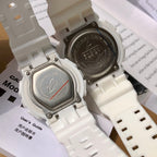 Casio watch backs with white resin cases and straps, metal screws visible