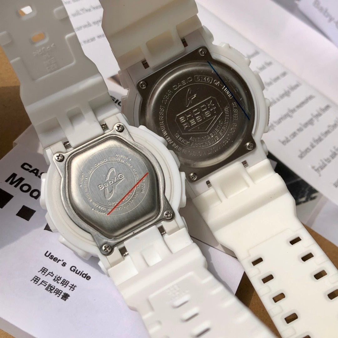 Casio watch backs with white resin cases and straps, metal screws visible