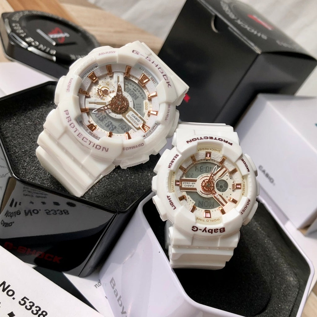 Casio watch with white resin strap and gold-toned multi-dial face, in box