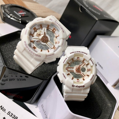 Casio watch with white resin strap and gold-toned multi-dial face, in box