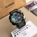 Black sports wristwatch with blue-detailed dial, protective bezel and black band
